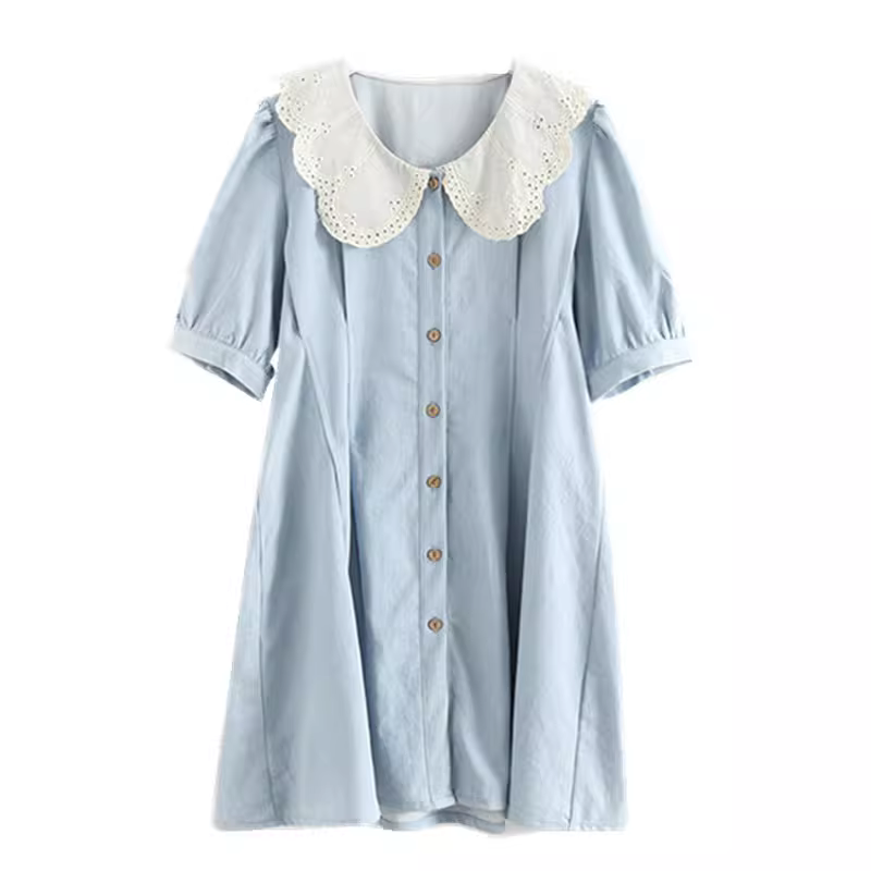 Dream Box 2023 Mùa Hè Mới Tươi Mát Màu Trơn Váy Denim Nữ Thêu Ren Cổ Búp Bê Tay Ngắn Eo-Cinching đầm