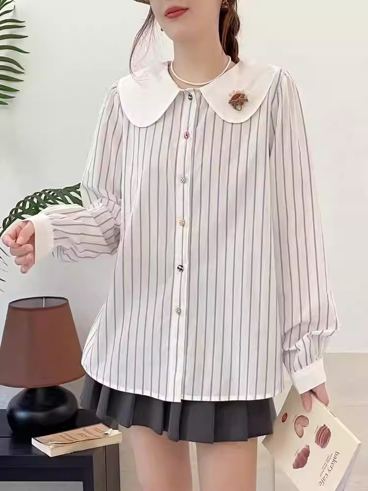 Áo sơ mi cotton sọc kẻ mới mùa thu 2025 Dream Box, cổ búp bê, tay dài, dáng rộng, giảm tuổi tác, sọc dọc dành cho nữ