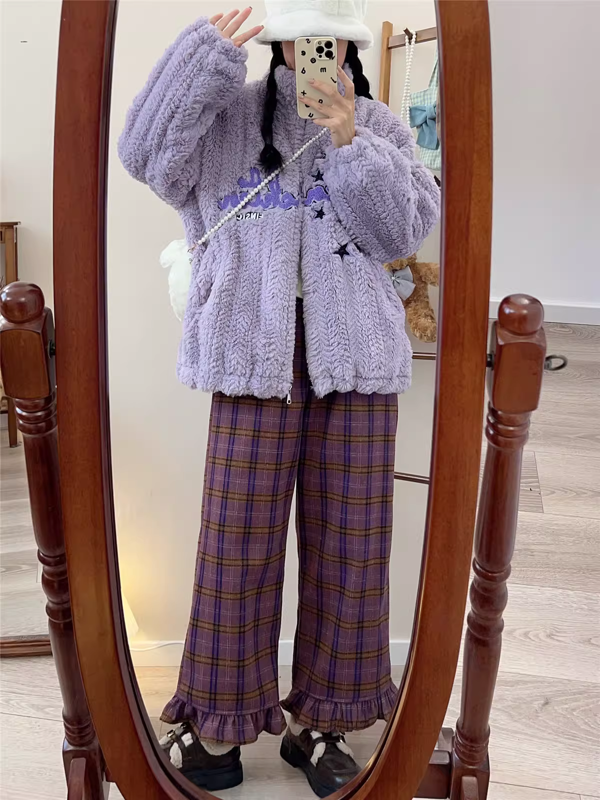 Dream Box 2023 Winter New Vintage Quần ống rộng kẻ sọc cổ điển có viền xếp nếp, quần kẻ sọc dày và lót lông cừu.