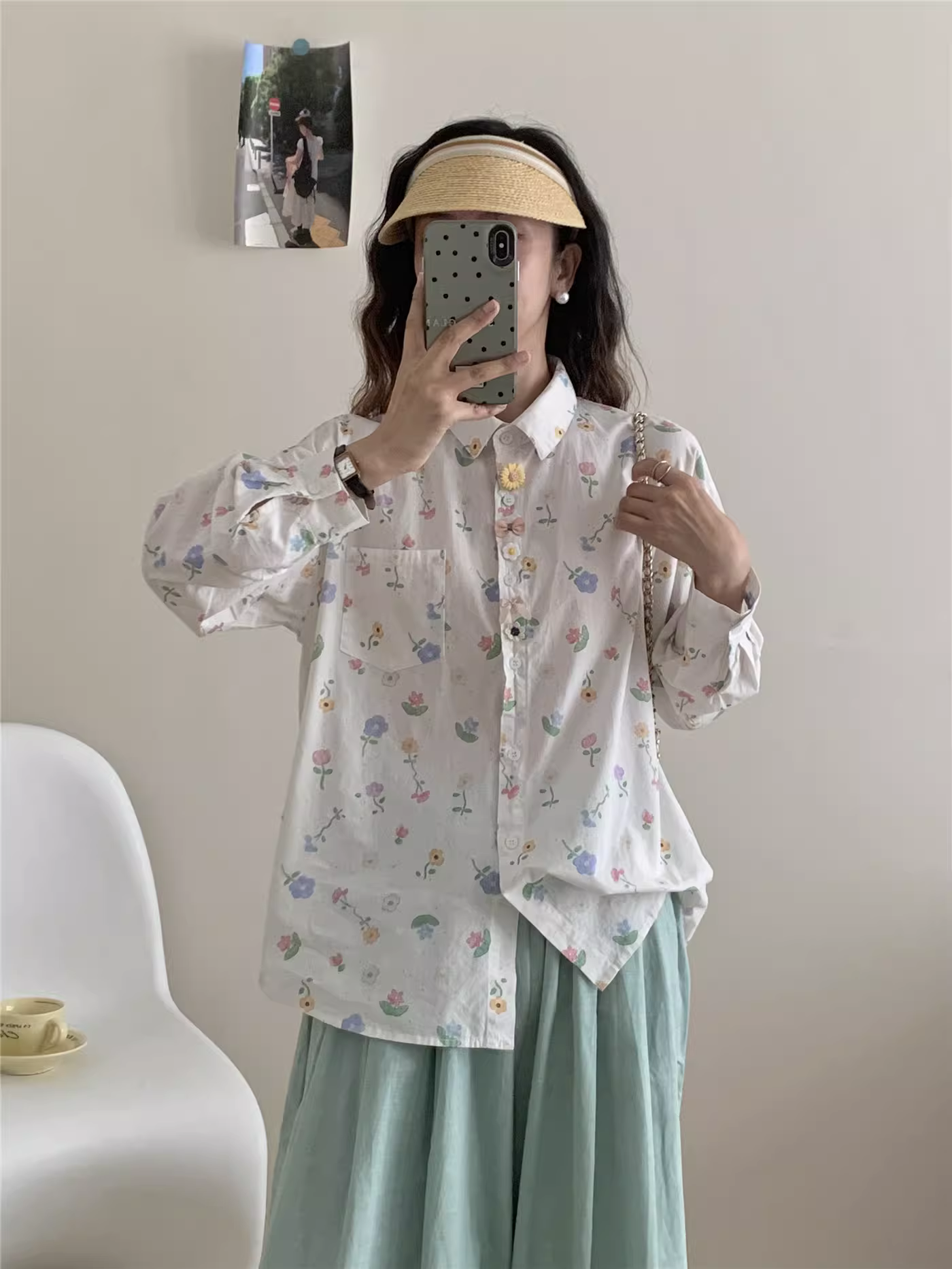 Áo sơ mi cotton in họa tiết hoa hoạt hình Dream Box 2025 mùa thu, nhiều khuy, cổ sơ mi, tay dài, dáng rộng, áo trẻ trung.