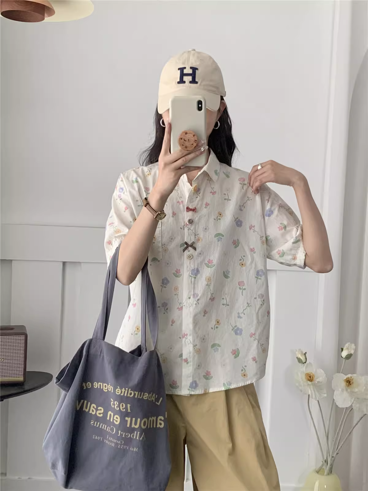 Dream Box 2025 Áo sơ mi cotton in họa tiết hoa tươi mới phong cách mùa hè mới có cổ bẻ, cúc nhiều màu, tay ngắn, dáng rộng, áo sơ mi giảm tuổi tác.