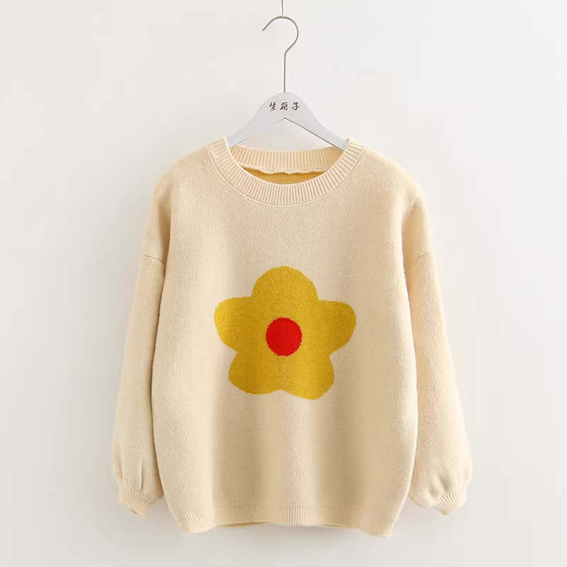 Áo len nữ dáng rộng phối màu, cổ tròn, họa tiết hoa tươi kiểu mới Thu 2024 Dream Box