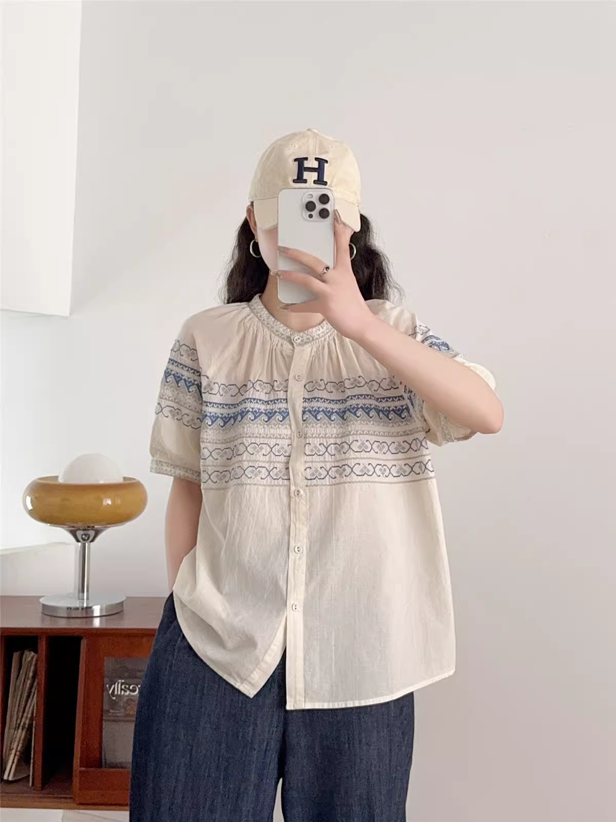 Áo sơ mi cotton thêu nặng mùa hè 2025 Dream Box, cổ đứng, tay ngắn, dáng rộng, phong cách dân tộc, dành cho nữ