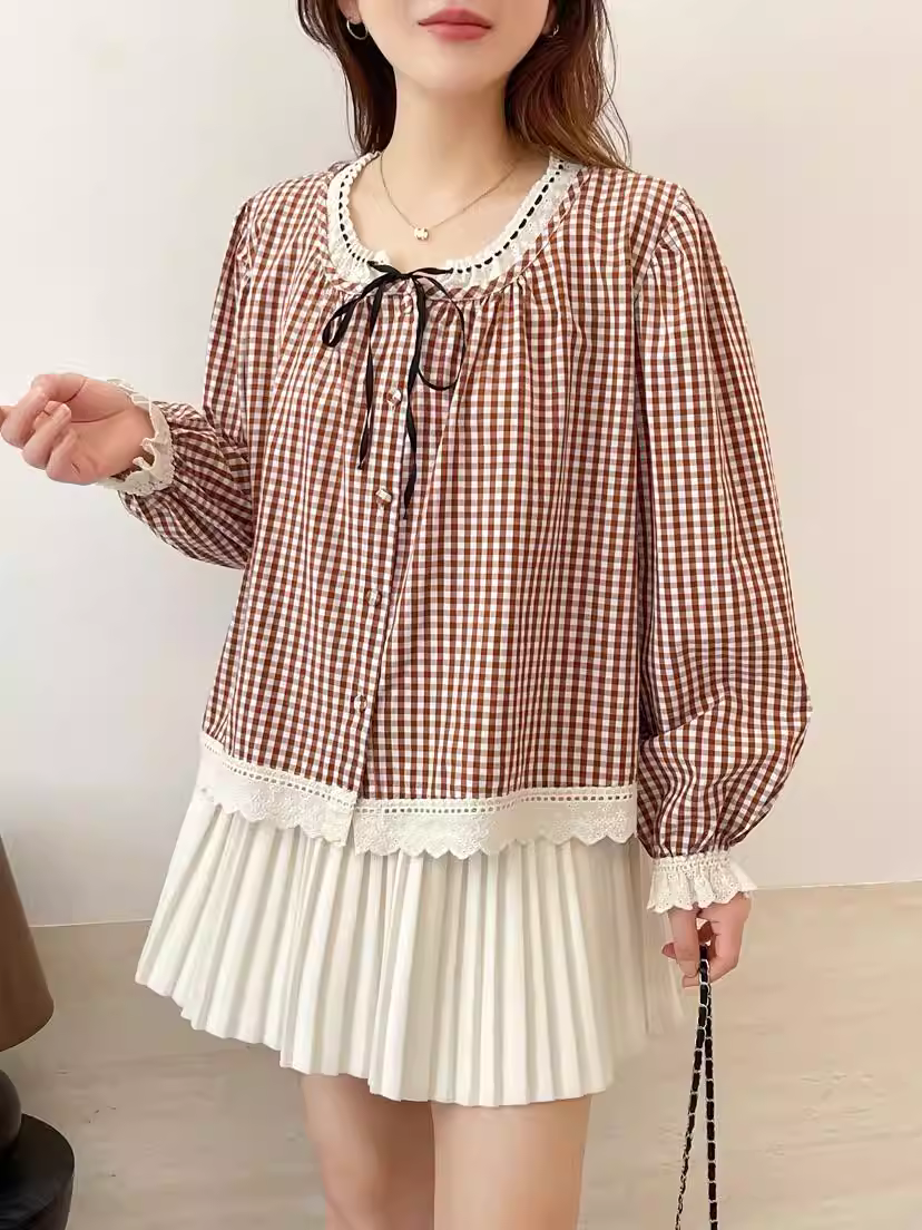 Áo sơ mi cotton kẻ caro phối ren Dream Box 2025 thu mới, cổ tròn, tay dài, dáng rộng, buộc dây