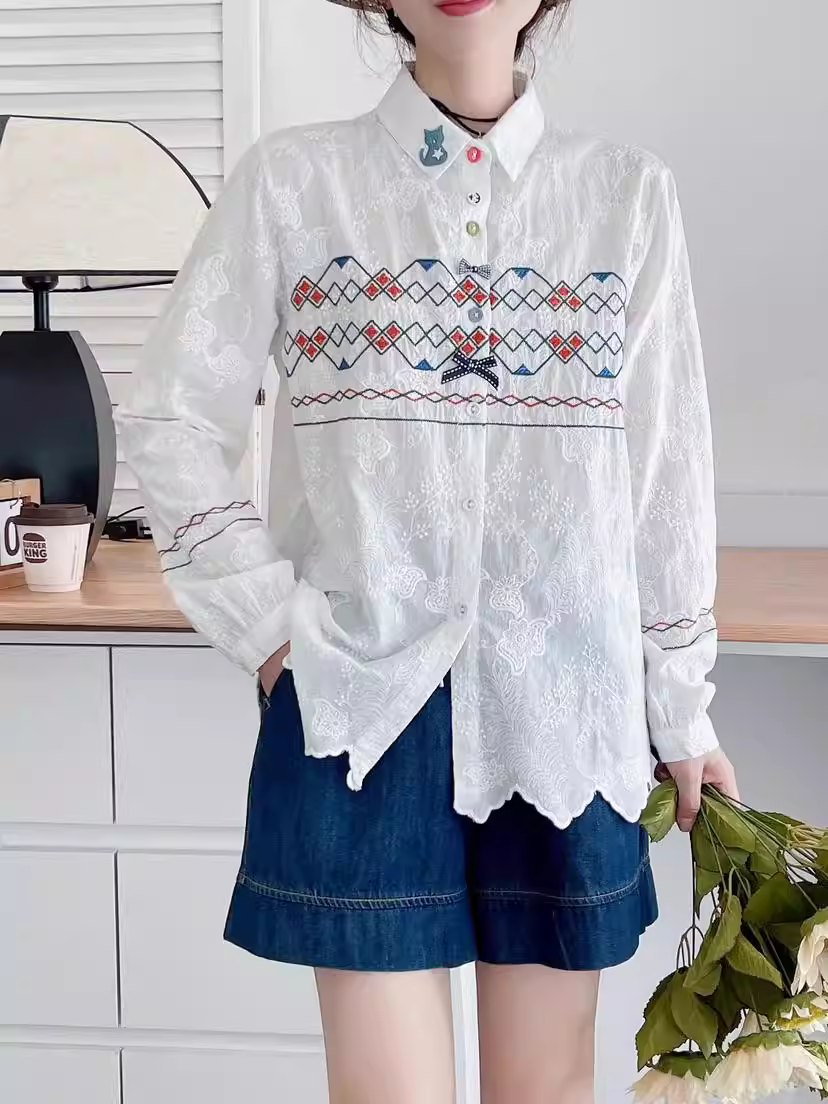 Áo sơ mi cotton thêu hình học mùa thu mới Dream Box 2024 cổ mèo tay dài nhiều màu nút áo rộng thùng thình thêu họa tiết
