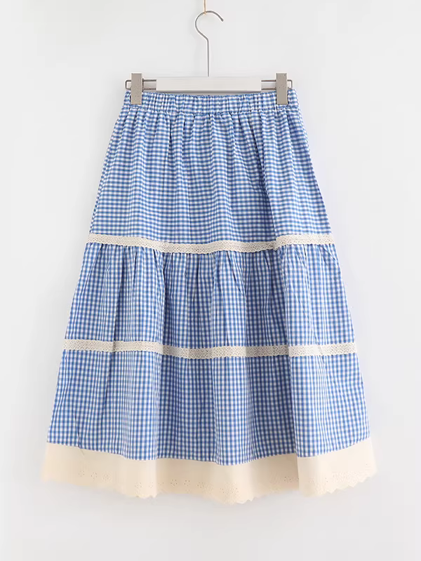 Váy cotton xếp tầng dáng A, eo thun, viền ren, họa tiết ca rô, mùa hè 2025, Dream Box