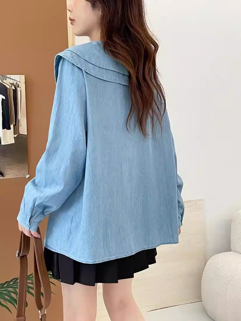 Áo sơ mi denim thêu hình thú hoạt hình mùa thu mới Dream Box 2025, cổ áo hai lớp, tay dài, dáng rộng, trẻ trung dành cho nữ