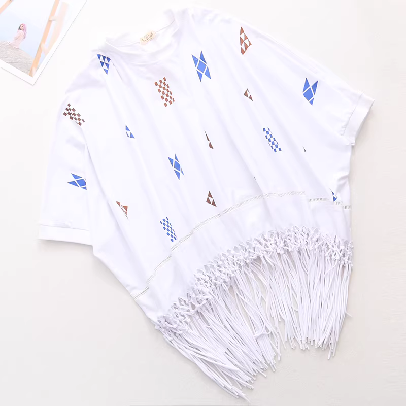 Dream Box 2022 Mùa Hè Mới Họa Tiết Hình Học In Hình Mũi Nữ Cổ Tròn Đa Năng Rời Handmade Tua Rua Áo Thun Cotton