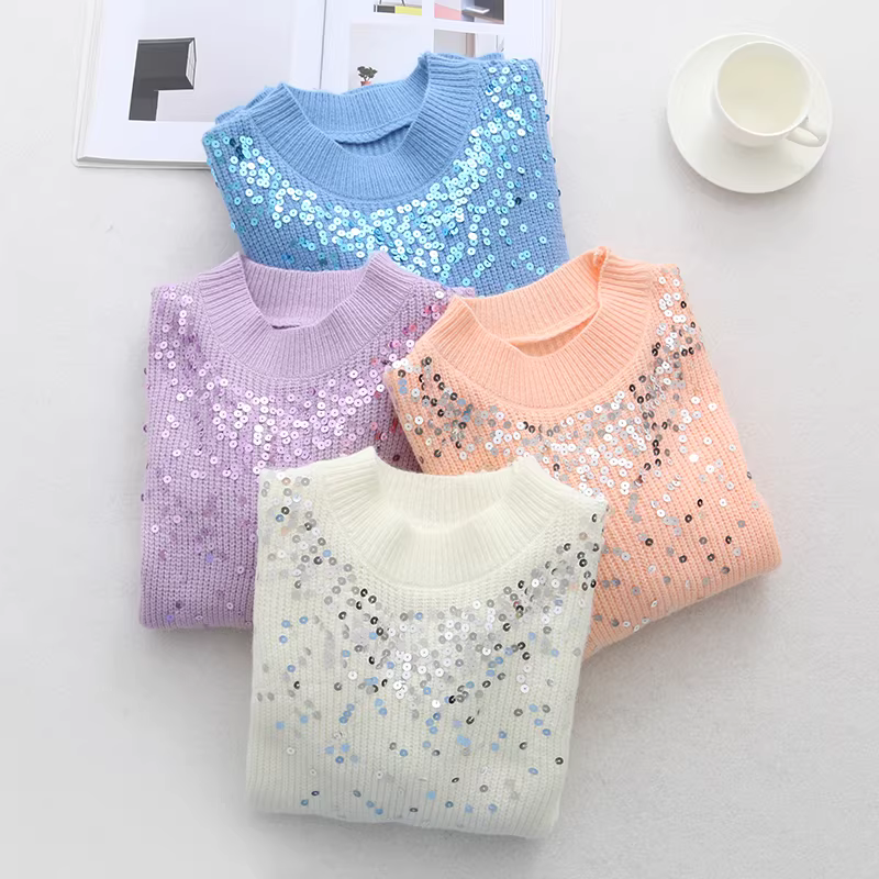 Dream Box 2023 Thu Mới Bling Sequin Áo Len Chui Đầu Cổ Tròn Cho Nữ Màu Macaron Ngọt Ngào Slim Fit Áo Len
