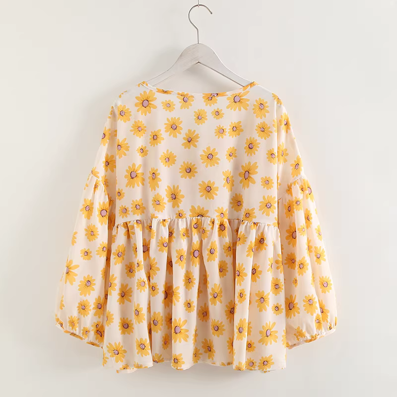 Dream Box 2023 Mùa Hè Mới Tươi Hoa Cúc Giảm Tuổi Áo Sơ Mi Búp Bê Buộc Dây Cổ Tròn Áo Chui Đầu Áo Sơ Mi Rộng Cho Nữ