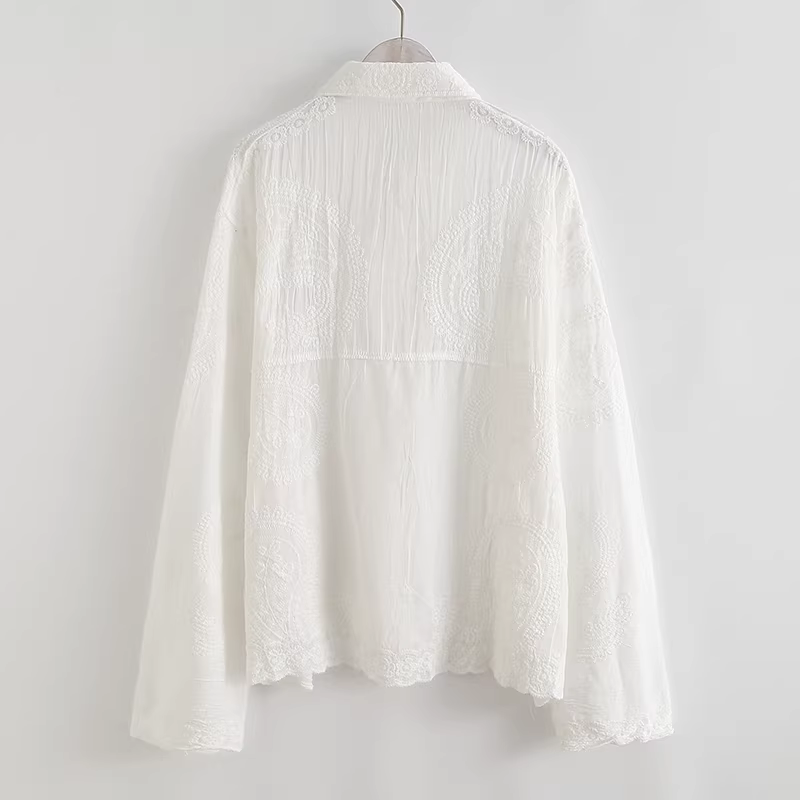 Dream Box 2024 Áo sơ mi cotton nguyên chất thêu hoa điều mùa xuân mới có cổ bẻ, tay dài, dáng rộng, chống nắng, áo mỏng thêu.