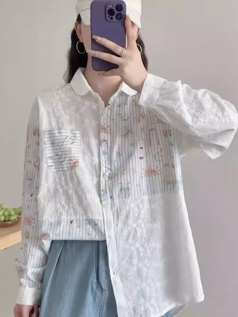 Áo sơ mi cotton in họa tiết hoạt hình mùa xuân 2025 Dream Box, phối sọc, phối vải, cổ ren, tay dài, dáng rộng