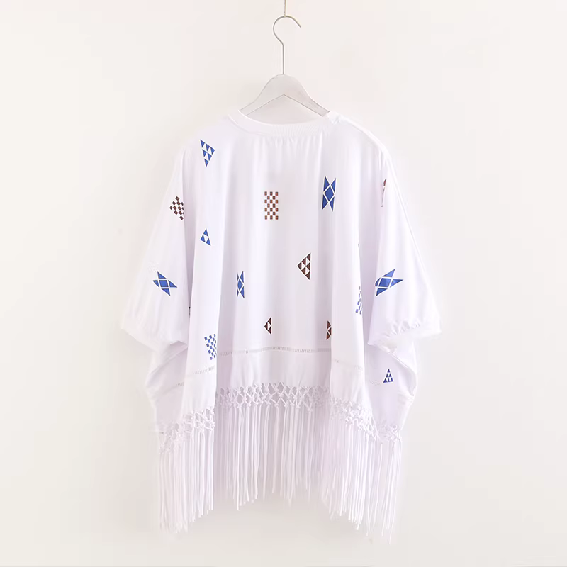 Dream Box 2022 Mùa Hè Mới Họa Tiết Hình Học In Hình Mũi Nữ Cổ Tròn Đa Năng Rời Handmade Tua Rua Áo Thun Cotton