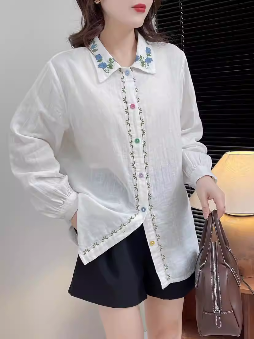Áo sơ mi cotton voan hai lớp dáng rộng, cổ sơ mi, tay dài, thêu hoa tươi phong cách mới Xuân 2024, nhiều màu sắc, khuy cài