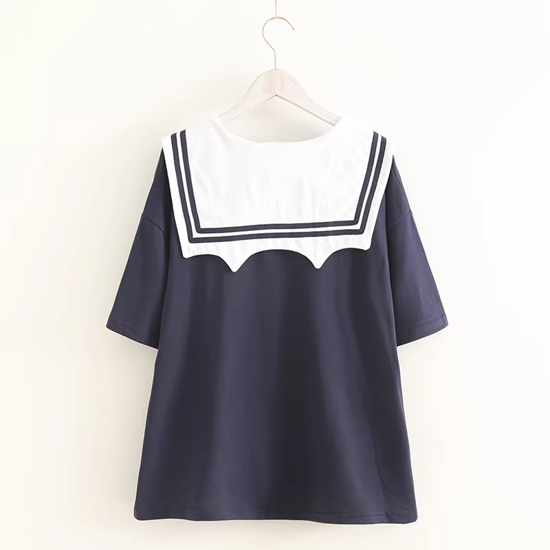 Áo thun nữ cotton dáng rộng tay ngắn cổ bẻ nơ thêu hình mèo mùa hè mới Dream Box 2024