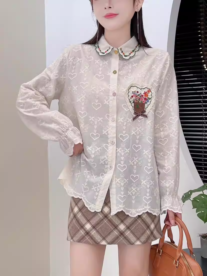 Áo sơ mi cotton thêu hoa mùa thu mới Dream Box 2024, cổ áo thêu, tay dài, cúc nhiều màu, dáng rộng, phong cách thường ngày