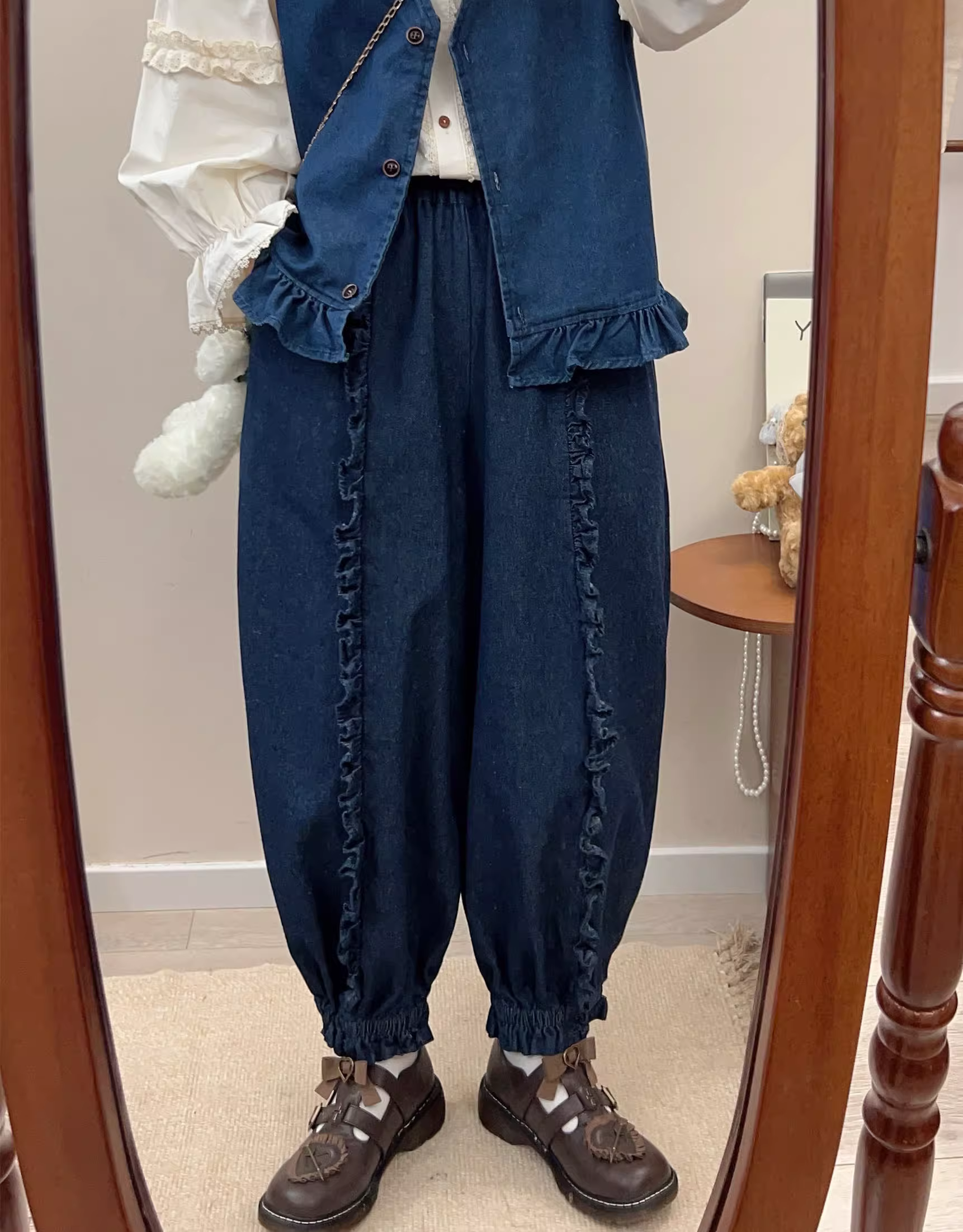 Quần đèn lồng phối vải xếp ly ngọt ngào mùa xuân 2024 Dream Box, lưng thun, dáng rộng, tôn dáng, quần jean 9 phần