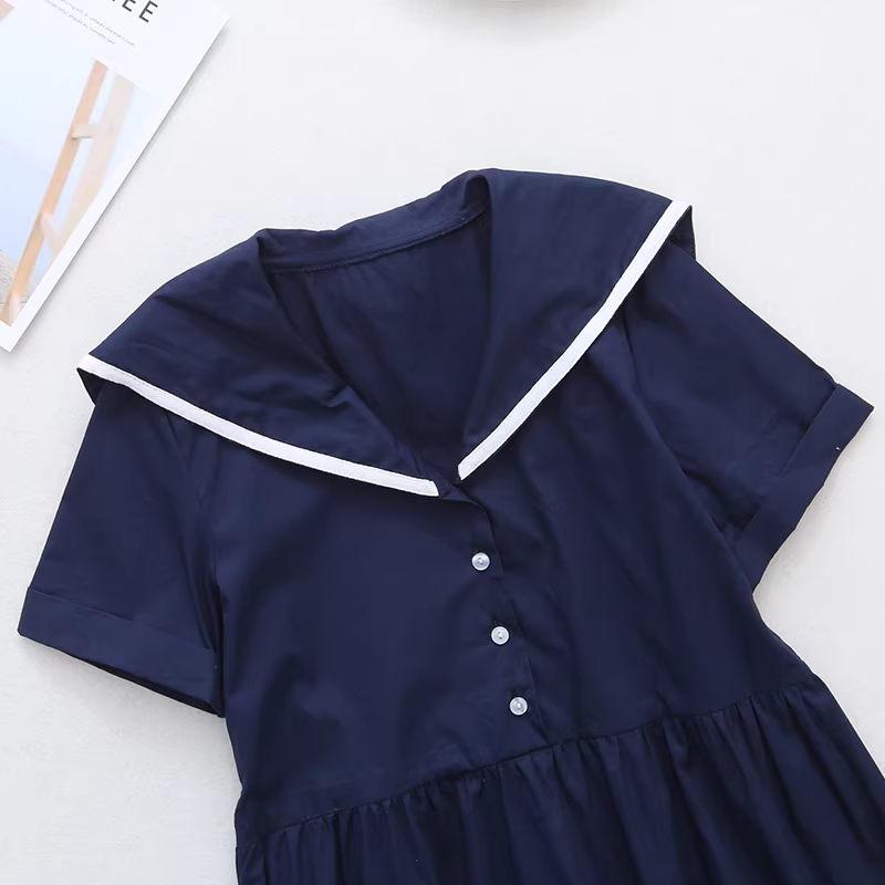 Dream Box 2023 Mùa Hè Phong Cách Mới Nghệ Thuật Tươi Mát Màu Cotton Đầm Nữ Cổ Thủy Thủ Chui Đầu Tay Ngắn Đầm Rộng