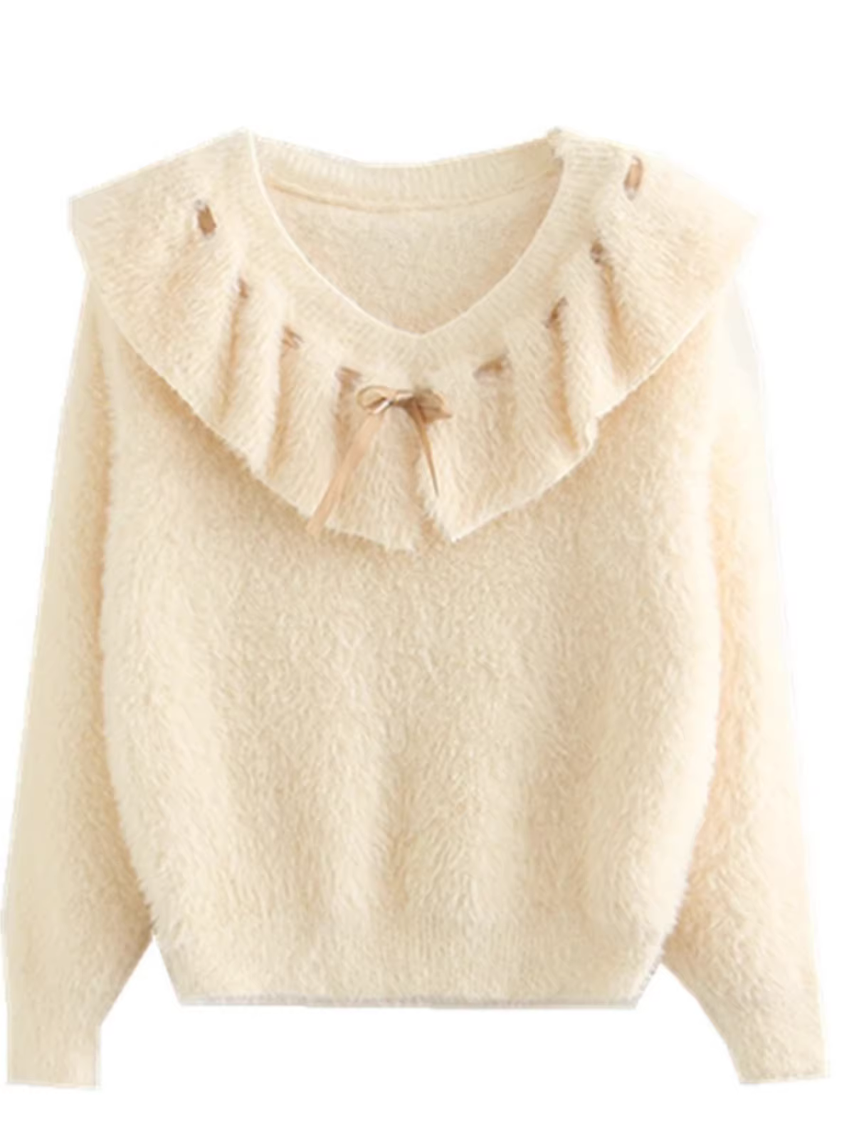 Áo len nữ dáng rộng màu trơn giả lông chồn Dream Box 2025 Thu mới, cổ bèo phối dây buộc, kiểu dáng dễ thương