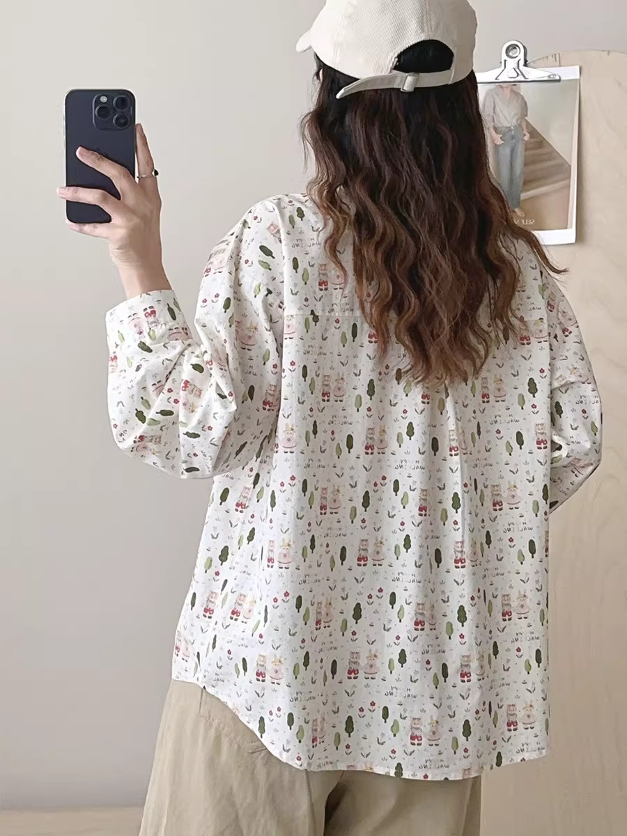 Áo sơ mi cotton in hình thỏ nhỏ 3D phong cách mới Xuân 2025 Dream Box, cổ trụ, tay dài, dáng rộng dành cho nữ
