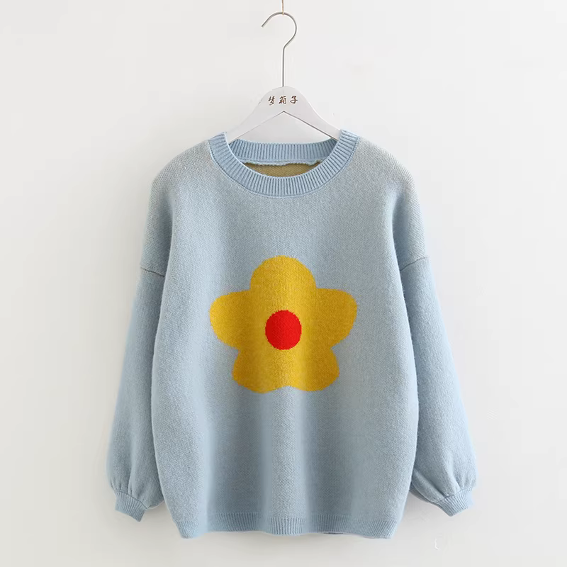 Áo len nữ dáng rộng phối màu, cổ tròn, họa tiết hoa tươi kiểu mới Thu 2024 Dream Box