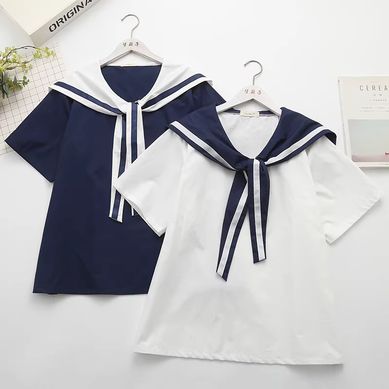 Dream Box 2023 Mùa Hè Phong Cách Mới Màu Khối Chắp Vá Thắt Nút Chéo Cổ Thủy Thủ Áo Chui Đầu Ngắn Tay Áo Cotton Rộng Cho Nữ