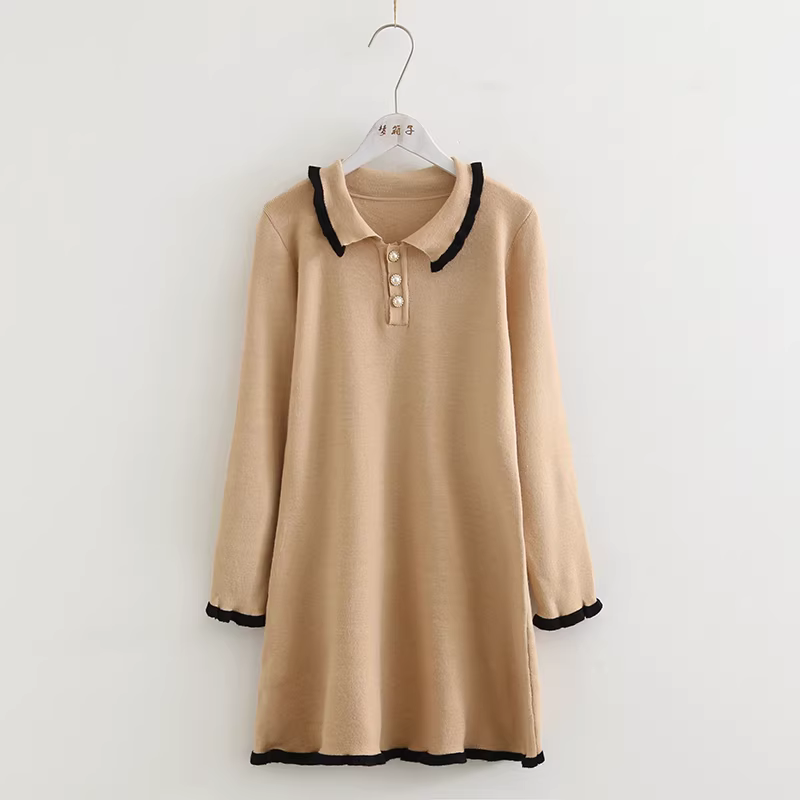 Đầm len dáng ôm màu trơn phong cách mới Xuân 2024 Dream Box dành cho nữ, tay dài, cổ tròn, viền bèo nhún.