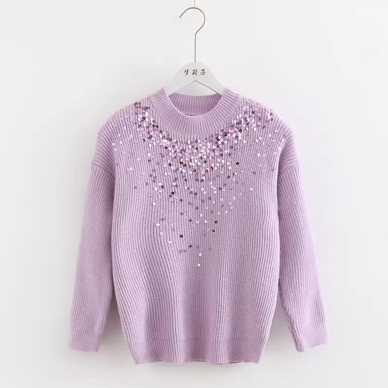 Dream Box 2023 Thu Mới Bling Sequin Áo Len Chui Đầu Cổ Tròn Cho Nữ Màu Macaron Ngọt Ngào Slim Fit Áo Len