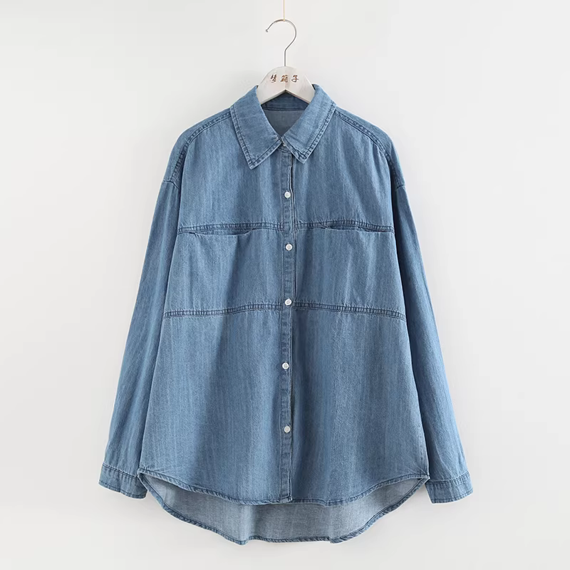 Áo sơ mi denim màu trơn hai túi dáng rộng cổ trụ tay dài đa năng Dream Box Thu 2024 dành cho nữ