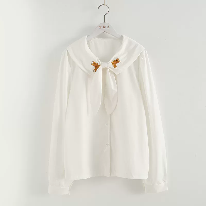 Áo sơ mi cotton thêu hình cáo nhỏ mùa thu mới Dream Box 2022, cổ nơ tai thỏ, tay dài, dáng rộng, màu trắng