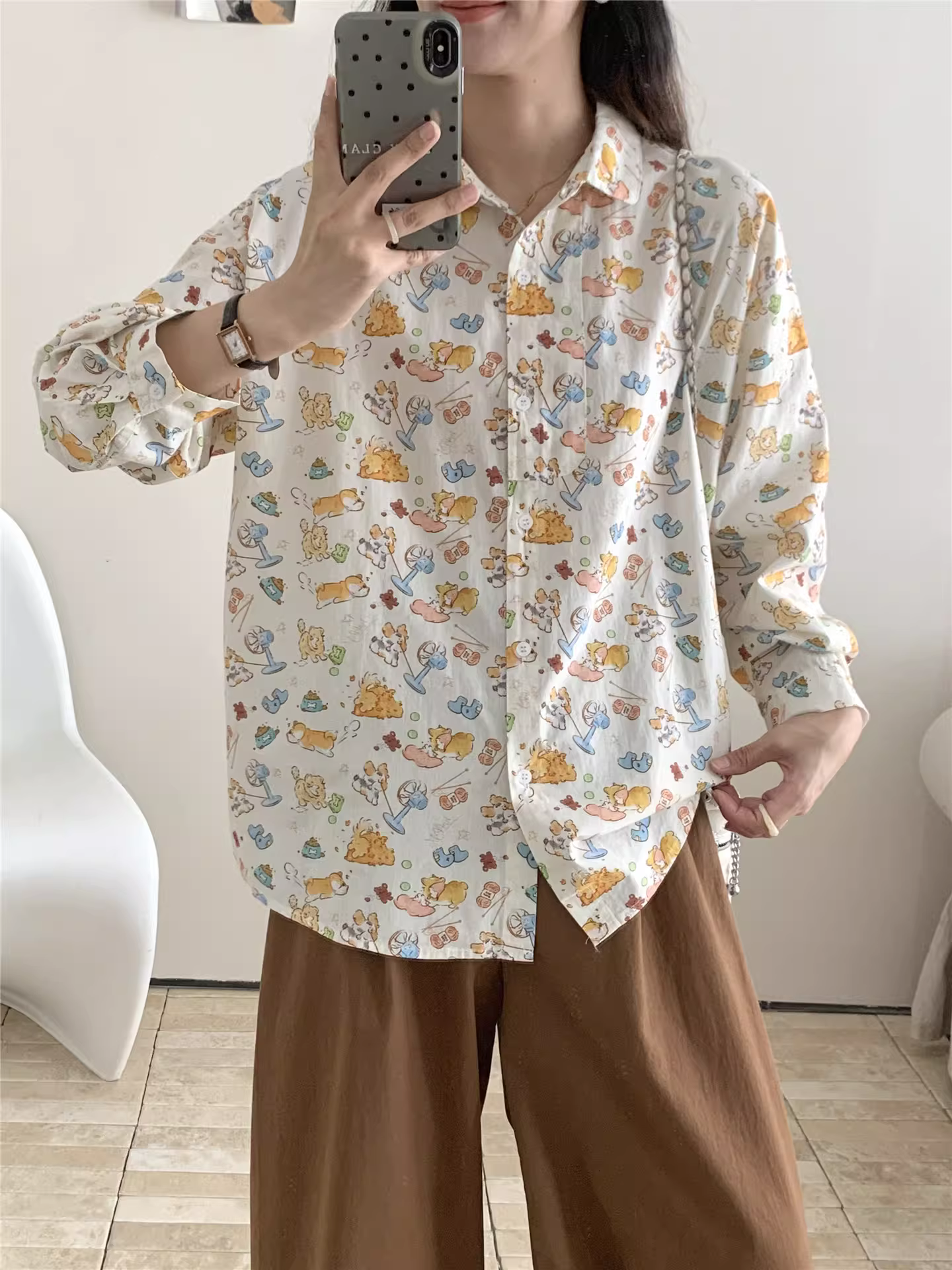 Áo sơ mi cotton in hình nhiều chú chó hoạt hình mùa thu mới Dream Box 2025, cổ trụ, tay dài, dáng rộng, trẻ trung dành cho nữ