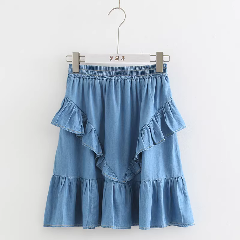 Váy xếp ly phối màu phong cách Mori Girl mùa hè 2024 Dream Box, chất liệu denim, lưng thun, dáng chữ A, dành cho nữ