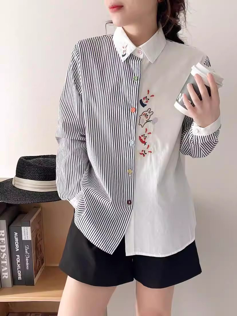 Dream Box 2024 Áo sơ mi cotton thêu hình thỏ hoạt hình mới mùa xuân có cổ bẻ, tay dài, cúc nhiều màu, áo sơ mi sọc rộng.