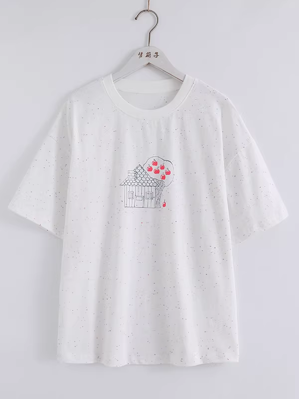 Áo thun nữ tay ngắn in hình hoạt hình Dream Box 2025 mùa hè, cổ tròn, chất liệu cotton, màu chấm bi, dáng rộng