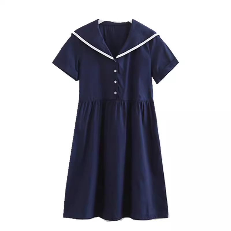 Dream Box 2023 Mùa Hè Phong Cách Mới Nghệ Thuật Tươi Mát Màu Cotton Đầm Nữ Cổ Thủy Thủ Chui Đầu Tay Ngắn Đầm Rộng