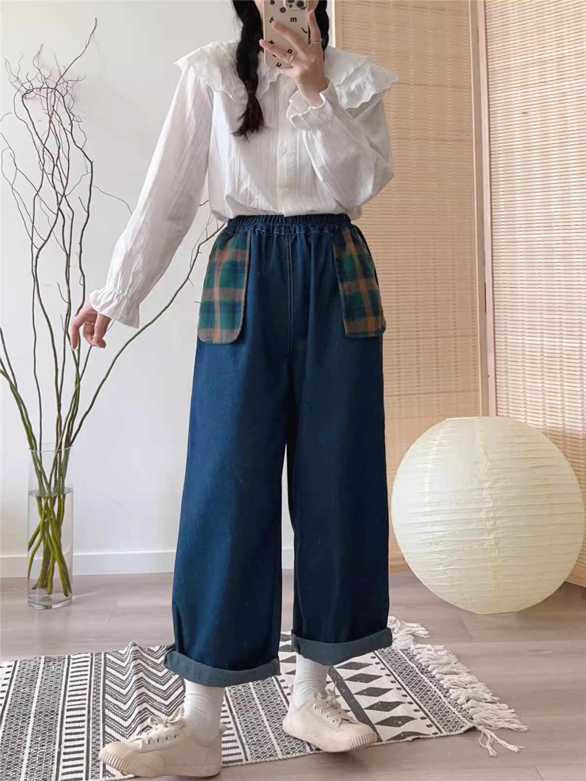 Dream Box 2023 Mùa Xuân Mới Kẻ Sọc Túi Màu Trơn Quần Ống Suông Co Giãn Giảm Béo Rời Quần Jean Ngắn Cho Nữ