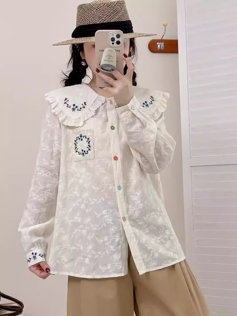 Áo sơ mi cotton thêu hoa ren cổ búp bê tay dài nhiều màu sắc kiểu mới Xuân 2025 Dream Box