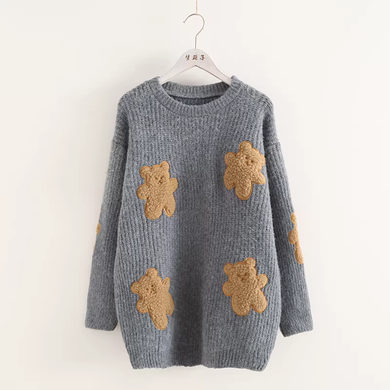 Áo len chui đầu thêu hình gấu Dream Box 2024 mùa đông mới dành cho nữ, phong cách Nhật Bản, dáng rộng, thoải mái