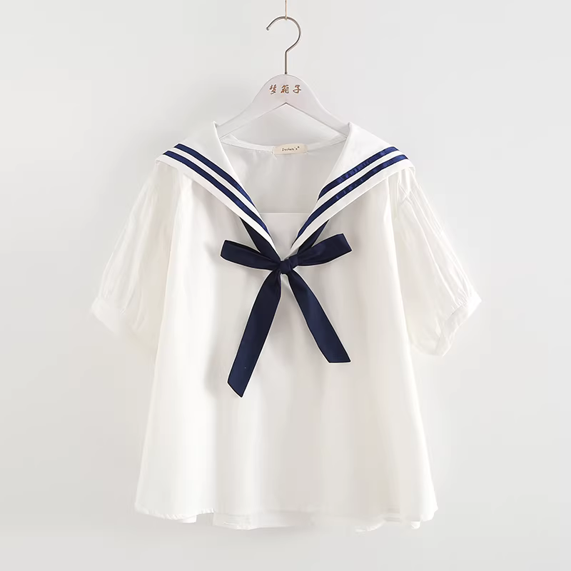 Dream Box 2023 Áo sơ mi màu hải quân mới mùa hè dành cho nữ có nơ, cổ thủy thủ, áo cotton dáng rộng