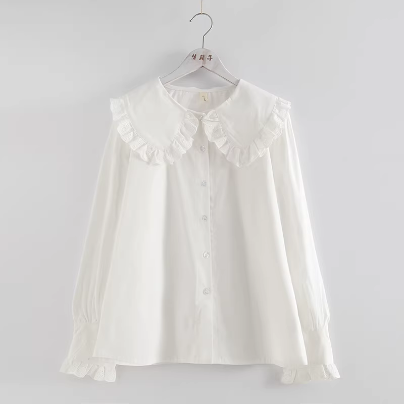 Áo sơ mi nữ cotton tay đèn kiểu cung điện phong cách mới Thu 2024 Dream Box, cổ búp bê ren, tay dài, dáng rộng, màu trắng