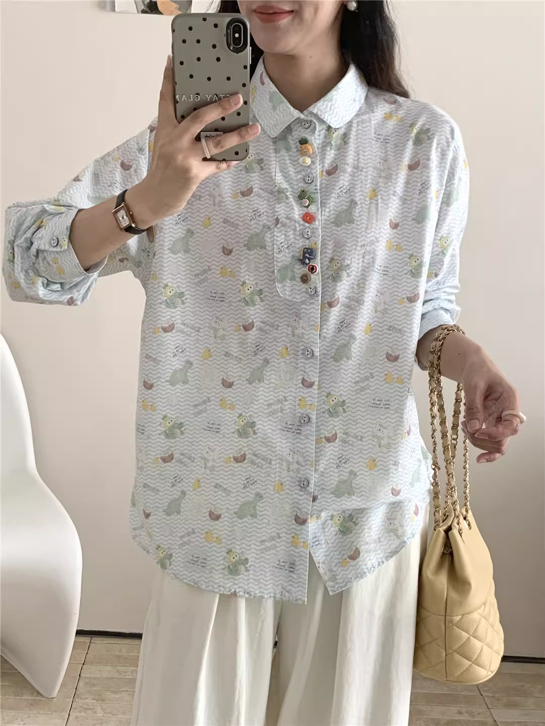 Áo sơ mi cotton in họa tiết hoạt hình mùa thu Dream Box 2025, cổ trụ, tay dài, nhiều khuy, dáng rộng, trẻ trung dành cho nữ