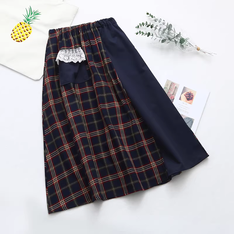 Dream Box 2023 Mùa Hè Mới Vintage Kẻ Sọc Chắp Vá Váy Nữ Viền Ren Túi Chân Váy Chữ A Váy Dài Trung Bình