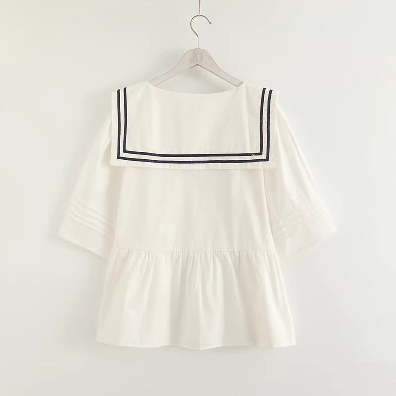 Áo sơ mi cotton xếp ly dáng rộng cổ thủy thủ tay ba phần, kiểu dáng xòe điệu đà Dream Box 2024 mùa hè mới.