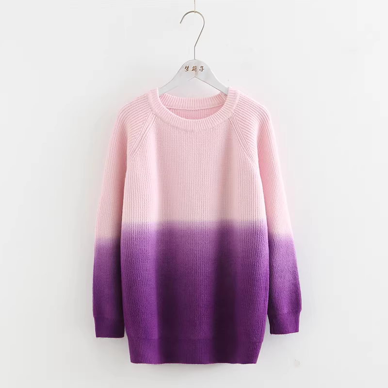 Dream Box 2023 Áo len chui đầu cổ tròn mới nghệ thuật tươi mới dành cho nữ Áo len dáng rộng đa năng nhuộm màu gradient