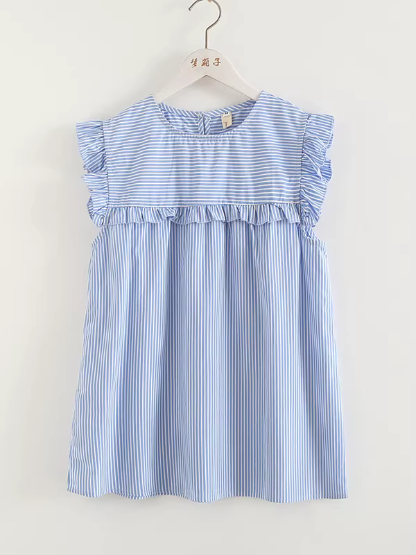 Áo sơ mi cotton sọc xanh tươi kiểu mới mùa hè 2025 Dream Box, cổ tròn, tay bồng xếp ly dành cho nữ