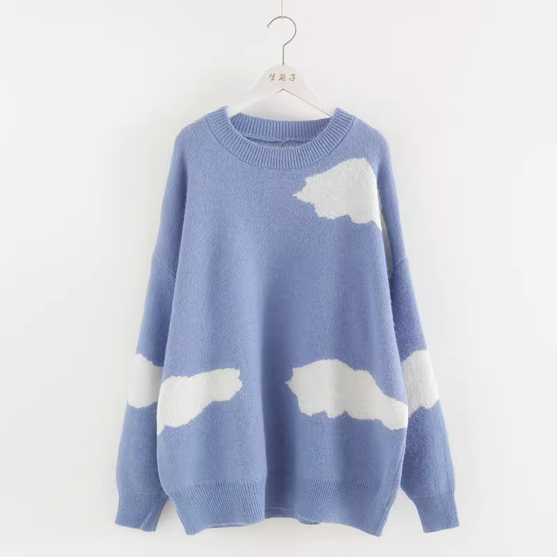Dream Box 2023 Áo len chui đầu cổ tròn Jacquard màu trắng mới mùa đông dành cho nữ, Áo len dệt kim dáng rộng ngọt ngào và tươi mát.