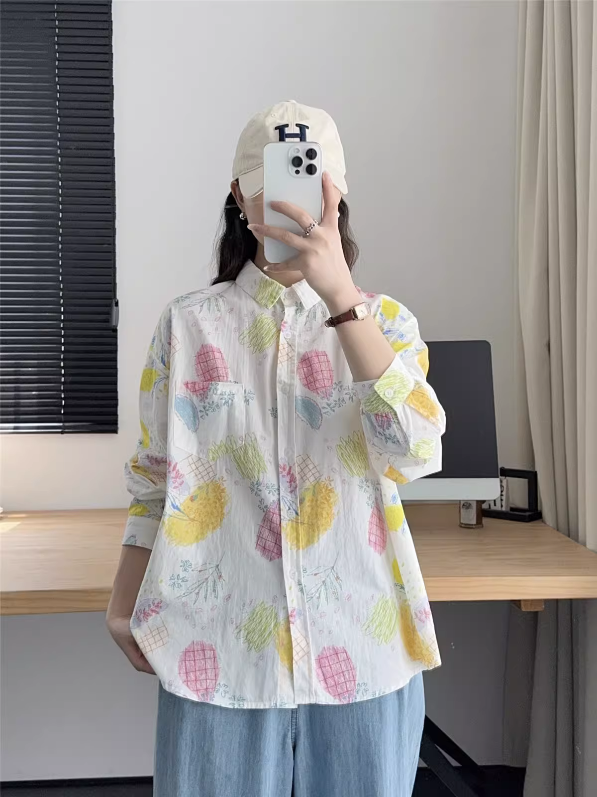 Áo sơ mi cotton in hình dứa ngọt mùa thu mới Dream Box 2024, cổ trụ, tay dài, dáng rộng, phong cách thường ngày
