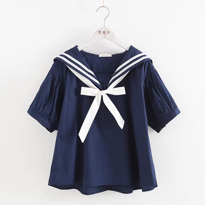 Dream Box 2023 Áo sơ mi màu hải quân mới mùa hè dành cho nữ có nơ, cổ thủy thủ, áo cotton dáng rộng
