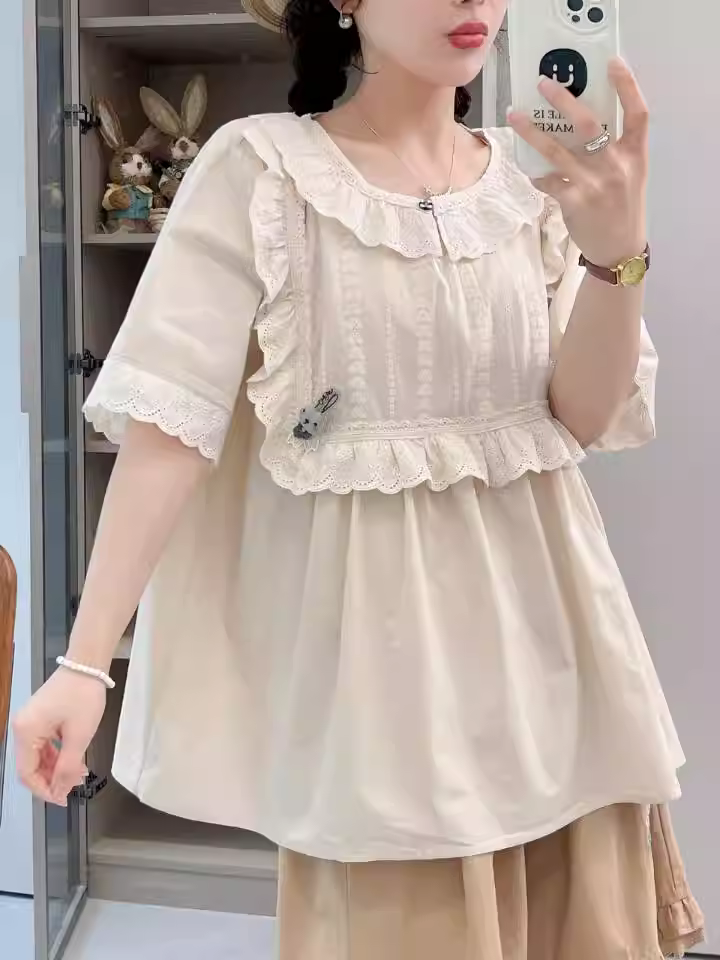 Dream Box 2023 Mùa Hè Mới Phong Cách Nhật Bản Giảm Tuổi Áo Sơ Mi Búp Bê Viền Ren Cổ Tròn Áo Chui Đầu Tay Ngắn Áo Sơ Mi Cotton Rộng