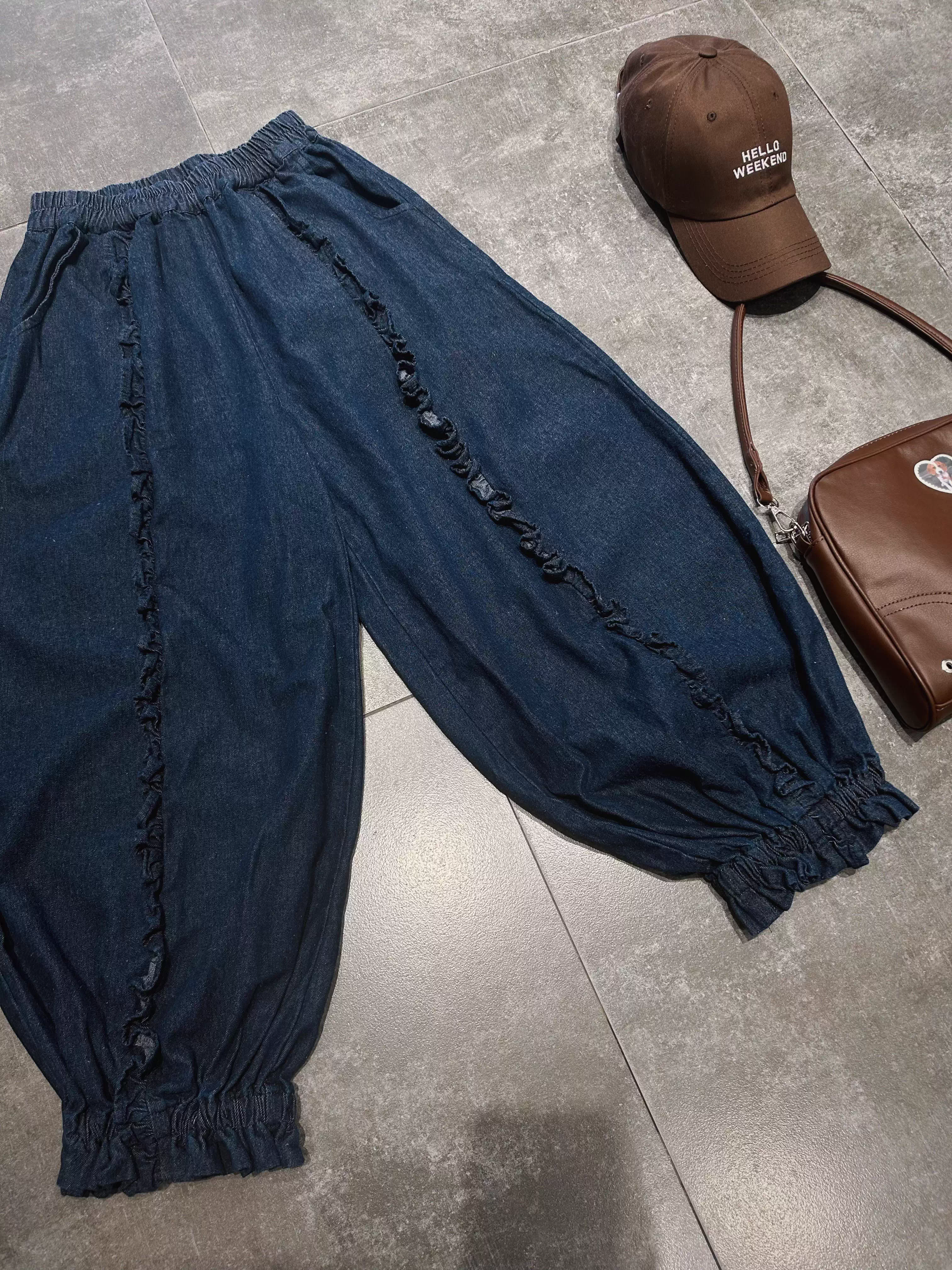 Quần đèn lồng phối vải xếp ly ngọt ngào mùa xuân 2024 Dream Box, lưng thun, dáng rộng, tôn dáng, quần jean 9 phần